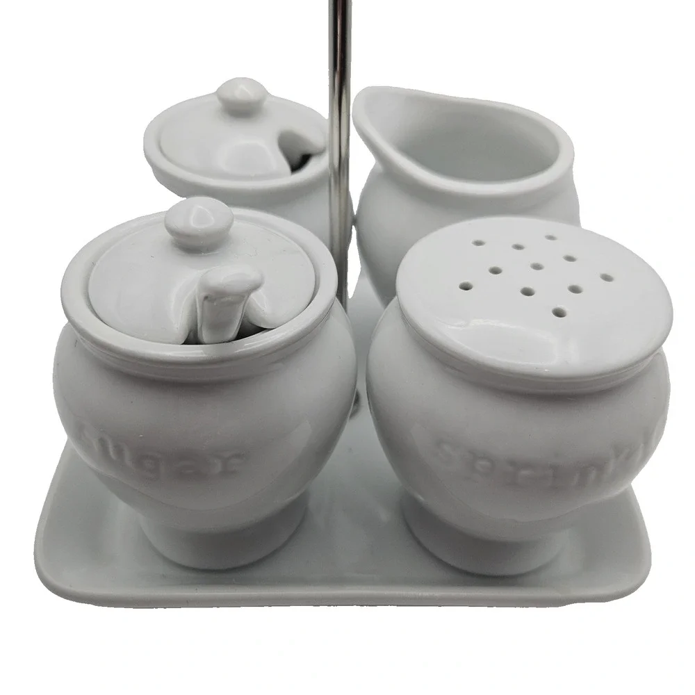 Pottery Barn Great White 5-Piece Condiment Set with Chrome Handle Caddy Read